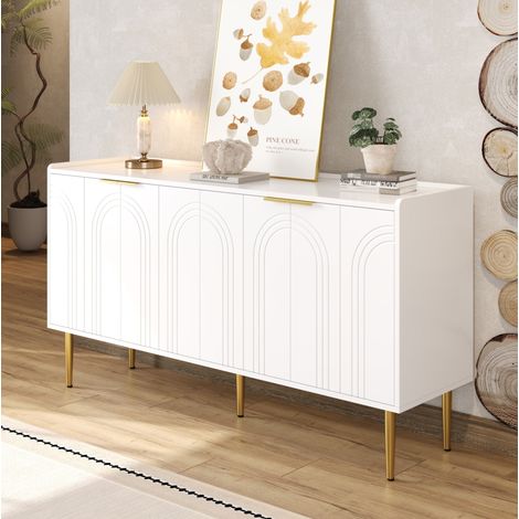 Credenza 140x38x75 cm bianca in MDF con ante curve, 4 porte, ripiani regolabili e gambe dorate (1/5)