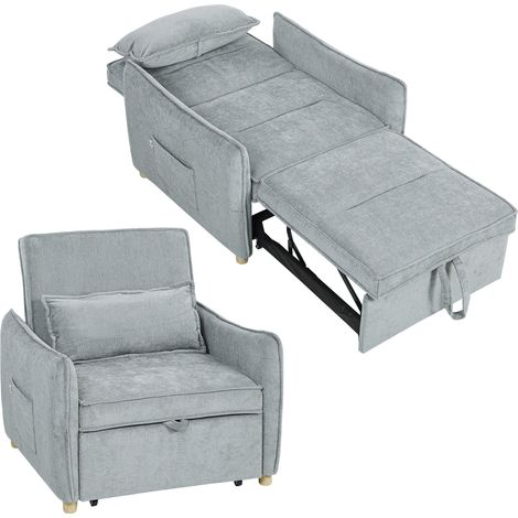 Fauteuil convertible 1 place 3 en 1, fauteuil éclairé clic-clac en chenille, assise grand dossier réglable, 88x84x87cm, gris