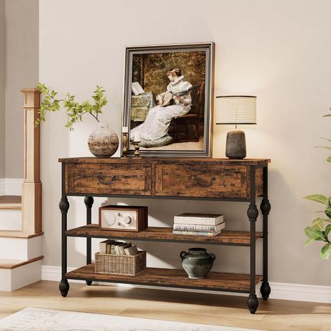 Console Étroite Marron avec 2 Tiroirs et 2 Étagères, Style Industriel (1/5)