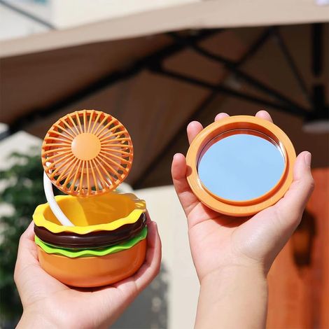 JSSEVN-Mini ventilateur de hamburger rechargeable, ventilateur de jouet créatif mignon avec miroir, mode 3 vitesses, petit cadeau pour la famille (1/4)