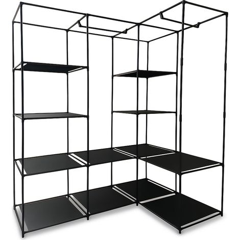 Armario esquinero Relaxdays, HBT: 170 x 130 x 8 cm, 2 barras, 12 estantes, acero, tela no tejida, armario abierto, negro (1/5)