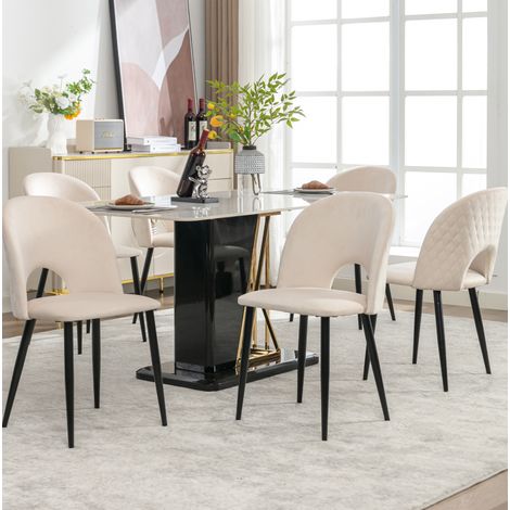 Silla de comedor de terciopelo beige, respaldo capitoneado, patas regulables, 47 x 44 x 84 cm (1/5)
