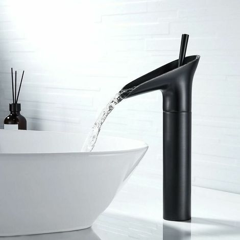 Robinet Salle Bain Noir, Robinet Cascade Mitigeur Lavabo Noir Rétro à Levier Unique Robinet Lavabo, Laiton Comptoir Haute Robinet Salle de Bain Robinet Lave Main Robinet Evier Vasque,AAFGVC