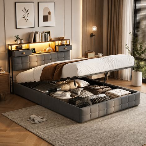 Lit coffre 140×200cm avec lumière LED, lit capitonné avec ports USB et Type-C, lit double à gaz avec tiroirs, rangement dans la tête de lit, Sommier à lattes, lit ados, Velours, Gris