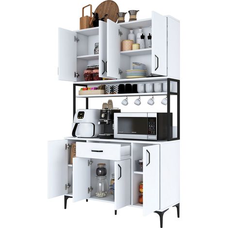 Credenza Cavriago, Madia 5 Ripiani, un Cassetto, 8 Ante, 120x40x199h cm Bianco