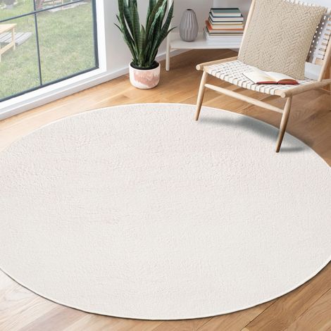 Tapis Moderne Moelleux à Poils Courts, antidérapant, Lavable Jusqu’à 30°C, Super Doux, Aspect Fourrure, pour Salon et Chambre, décoratif, Créme, 200 cm Rond (1/3)