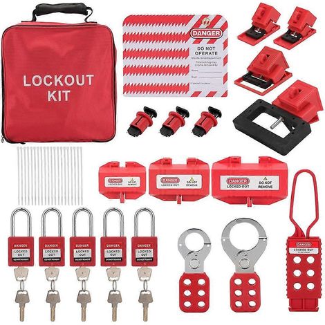 Kit de consignation/déconsignation électrique - comprenant cadenas, moraillons, dispositifs de consignation pour disjoncteurs, colliers de serrage et sac de rangement pour applications industrielles (1/5)