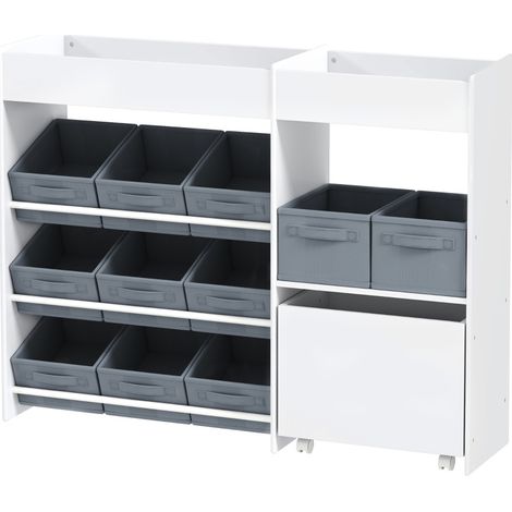 Mueble de almacenamiento infantil 105 x 30 x 80 cm con 11 cajas de tela, 3 pegatinas, blanco HAVRYA (1/5)