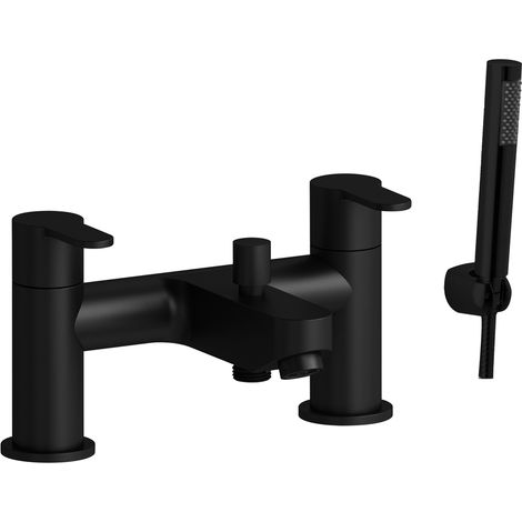 Modern Bathroom Round Deck Mounted Bath Shower Mixer Tap with Kit - Black