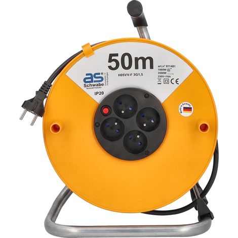 as - Schwabe Avvolgicavo 50 m, cavo di prolunga, 4 prese di corrente da incasso NF 230V/16A & spina a contatto di protezione, avvolgicavo, IP44, Orange, Made in Germany, 811481 (1/5)