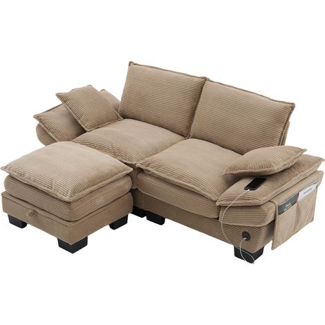 Divano modulare 2 posti in corduroy con pouf, colore kaki (1/5)
