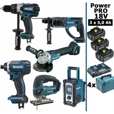 Pack Makita Power PRO 6 outils 18V: DDF458 + DHR202 + DGA504 + DTD152 + DJV180 + DMR108 + 3 batt 5Ah + 4 Coffrets (1/5)