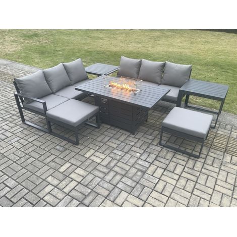 Fimous Aluminium Outdoor Lounge Sofa Garden Furniture Sets Gas Fire Pit Dining Table Set with 2 Big Footstools 2 Side Tables Dark Grey (1/5)