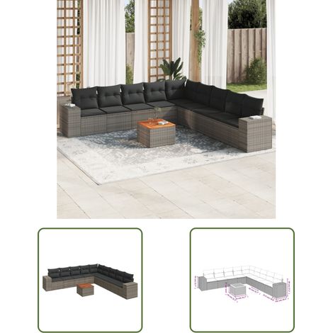 The Living Store 10-tlg. Garten-Sofagarnitur mit Kissen Grau Poly Rattan - Gartenmöbel - Esstischgarnituren - Outdoor Möbel - Lounge Set - Rattan Gartenmöbel (1/3)