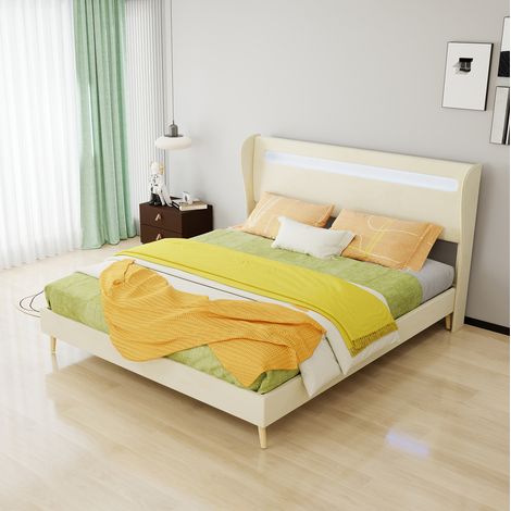 Cama matrimonio LED con cabecero beige 160x200 cm OKMYHOME (1/5)
