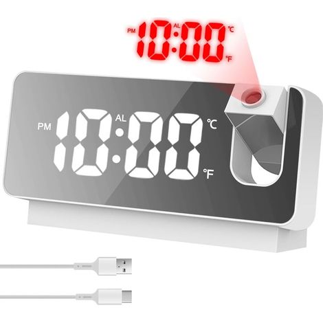 Réveil numérique avec projection et affichage de la température - Rotation à 180° - Grand écran LED - Réveil miroir USB pour chambre et salon (1/5)