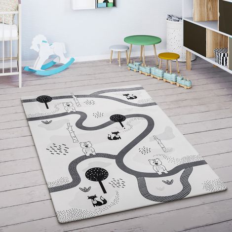 Paco Home Kinderteppich Kinderzimmer Teppich Spielmatte Straßenteppich Rutschfest Weiß Grau 80x150 cm