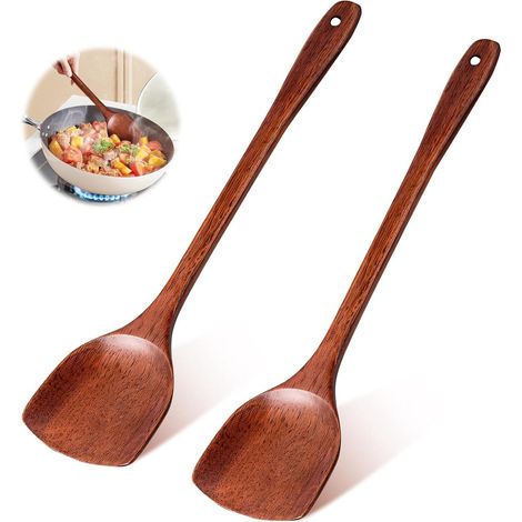 Set di 2 spatole da cucina in legno, spatola in legno, spatola da cucina con venature del legno, manico lungo, antiaderente (38,5 cm / 15,15 pollici) (spatola grande) (1/3)