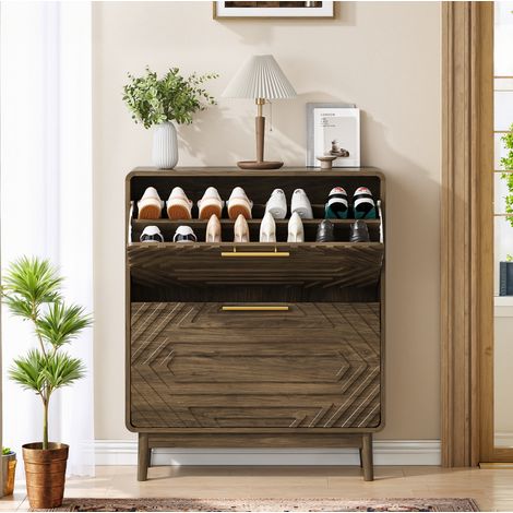 Schuhschrank 80 x 24 x 95 cm, 2 Klappen, offenes Fach, MDF, Nussbaum HAVRYA (1/5)