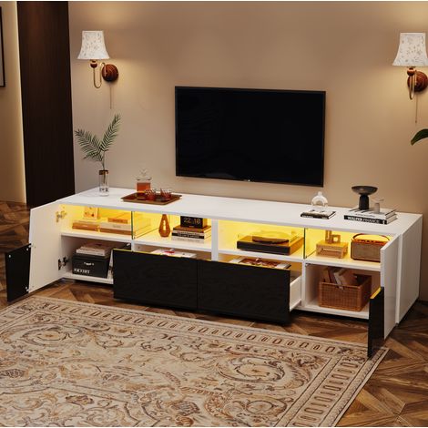 Mueble TV 180x38,5x45 cm de MDF y vidrio blanco y negro con almacenaje FloraGrace (1/5)