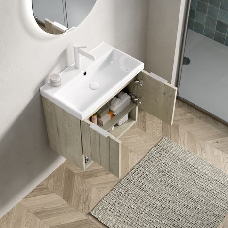 Meuble vasque mural 55x32x53 cm en céramique blanc, gain de place pour petite salle de bain (1/5)