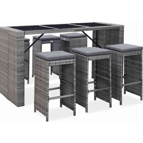 vidaXL Mesa y sillas de bar jardín 7 pzas cojines ratán sintético gris (1/5)