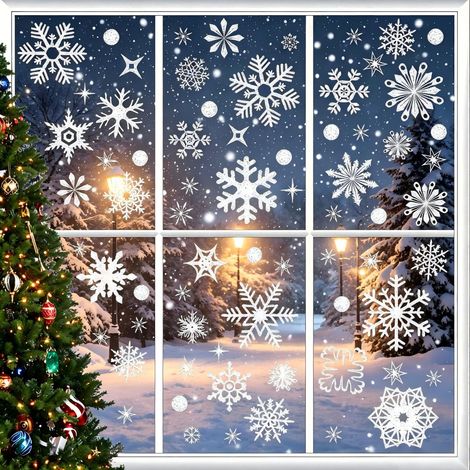 Autocollants de Noël Flocons Neige – 93 Grands Glitter, Réutilisables sans Colle, pour Fenêtres, Vitres et Portes, Déco Chambre Enfant (1/5)