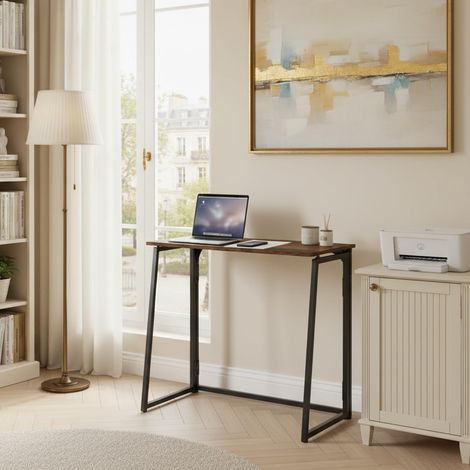 Bureau Compact et Pliable, Plateau Bois Effet Vintage et Cadre Métal, Facile à Transporter et à Ranger, pour Chambre, Salon ou Bureau, Vintage, 80 x 40 x 74 cm (1/5)