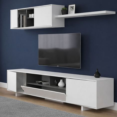 Dmora Einbaufertige Wand Hartford, TV-Ständer für Wohnzimmer, Zusammensetzung des Wohnzimmersets, Wohnzimmergarnitur mit Schrankwand, cm 260x41h46, Glänzend weiß (1/5)