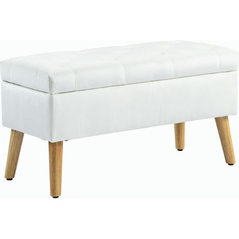 Banc de Rangement Rembourré Coffre de Stockage en Tissu Aspect Velours Pieds Bois 80x35x42cm Blanc (1/5)