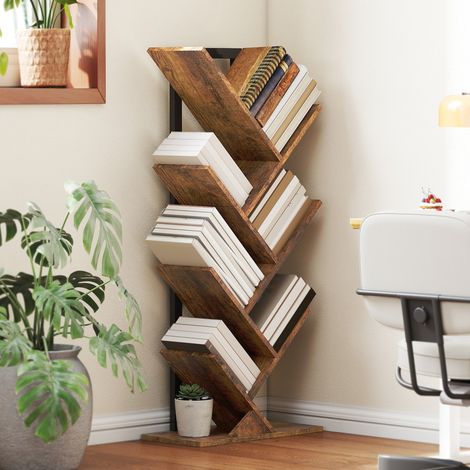 Bibliothèque Étagère verticale à 7 niveaux Étagère étroite en forme d‘arbre pour bureau, brun rustique (1/5)