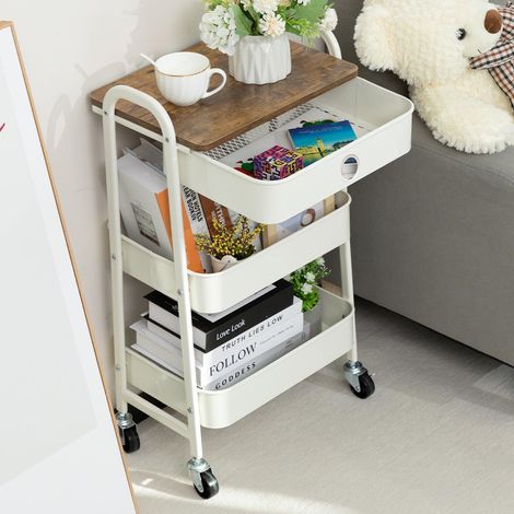 Chariot de Rangement Métal avec Tiroir Chariot de Service 3 Niveaux Desserte Chariots Cuisine Chariots de Service Roulant pour Chambre Salle de Bain Bureau, Blanc (1/5)