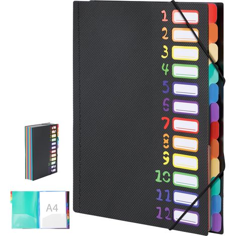 Trieur 12 Compartiments A4, 180° Lay-Flat Open Trieur Document, Classeur Rangement Documents avec bande élastique, Organiseur A4 noir avec étiquettes Rainbow Label, idéal pour bureau et école