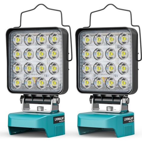 Projecteur LED Rechargeable - 16 LED - Alimenté Par Batterie 18 V - Double Interrupteur - Port USB Type C - Pour Chantier Garage Camping - Lot de 2