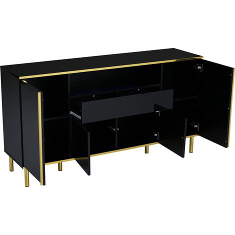 Madia nera lucida con LED, 4 ante, 1 cassetto e vano aperto 150x40x80 cm HOMVRA (1/5)