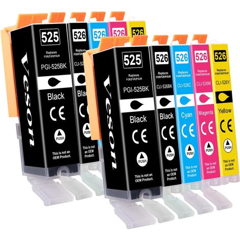 525XL 526XL Cartouche d'encre Compatible Canon 525 526 PGI-525 CLI-526 pour Canon PIXMA MG5350 MG5150 MG5250 MG5140 MG5240 IP4800 IP4850 IP4900 IP4950 IP6500 IX6550 MX885 MX715 (Lot de 10) (1/5)