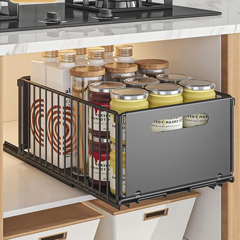 Tiroir Coulissant,Organiseurs de Placards,Rangement et Organisation Cuisine,pas Besoin Percer ni Clouer,37,5 x 24,5 19 cm,Paquet 1,Noir - (1/5)