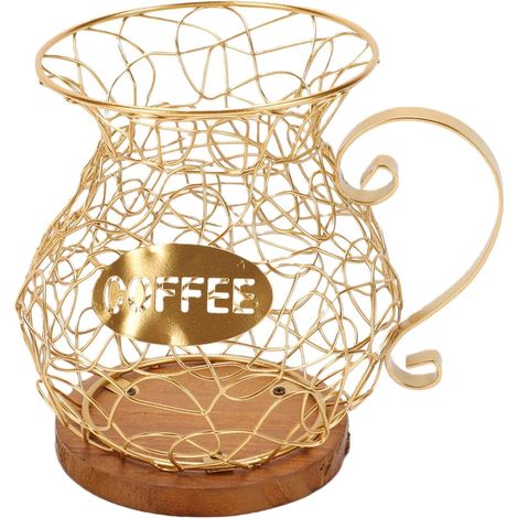 Solid Wood Coffee Capsule Holder Organizer with Metal Wire Construction, Rust-Resistant Coating for Kitchen Countertop Storage, 7.28x6.10x4.72 Inches (1/5)