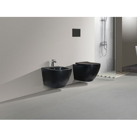 NALA Coppia Sanitari Sospesi Rimless Senza Brida Serie New Edge Nero Opaco Coprivaso Soft-Close Incluso