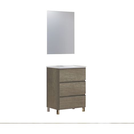 Ensemble de Meubles de Salle de Bain avec lavabo en céramique et Miroir Lune Lisse, Trois tiroirs, sur Pieds, Disponible en différentes Finitions. (1/5)