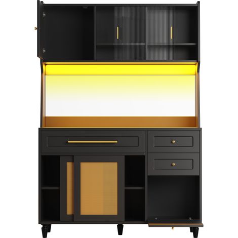 Aparador alto de cocina con LED, 3 cajones y estantes ajustables 120 x 45 x 195,5 cm negro HOMVRA (1/5)