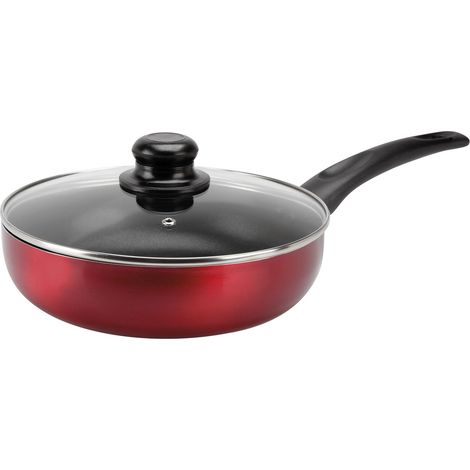 Sauteuse en Aluminium pressé Ø 24 cm H. 6,5 cm - Revêtement anti-adhésif - Coloris Rouge métallisé - Couvercle en vapeur en Verre inclus - Tous feux dont induction (1/2)