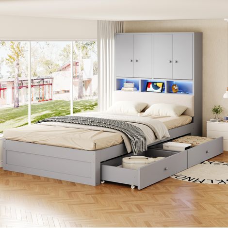 Letto singolo 90 x 200 cm grigio con contenitore, testiera imbottita e LED (1/5)