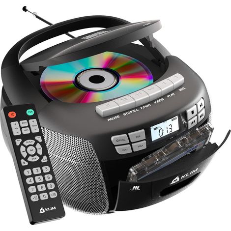 Poste Radio Cassette CD - Bluetooth AM FM - Fonction d'Enregistrement  Double Haut-Parleur Trois Watts, Son Stéréo Clair, Fonctionne sur Secteur ou Piles, Port Auxiliaire Inclus - Noir Argent (1/5)