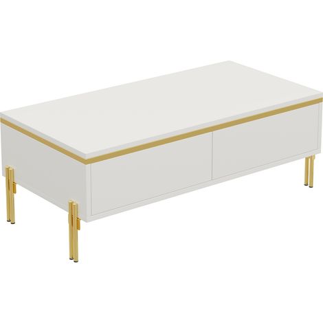 Mesa de centro moderna de alto brillo 100 x 50 x 36 cm, blanca, con 2 cajones y patas metálicas (1/5)