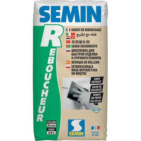 Semin – Enduit de rebouchage en poudre 15 kg – Pour intérieur – Temps de prise 20 min – Ne se fissure pas – Sac blanc cassé (1/5)