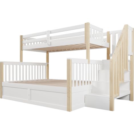 Lit superposé, 90 x 200 cm + 140 x 200 cm, hydraulique, escalier de rangement, espace de rangement, sans matelas, blanc + naturel