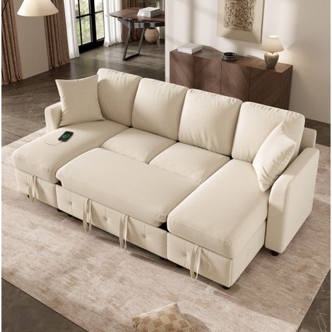 Sofá cama U de chenilla, 2 chaiselongues con almacenaje, beige HAVRYA (1/5)