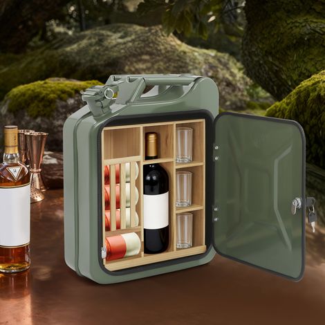 Caisse à vin, design en forme de bidon d'essence en fer, avec étagères internes en bois massif, bar mobile en forme de tonneau, cadeau d'anniversaire pour homme, mini-bar verrouillable, 35 x 15,5 x 47 (1/5)