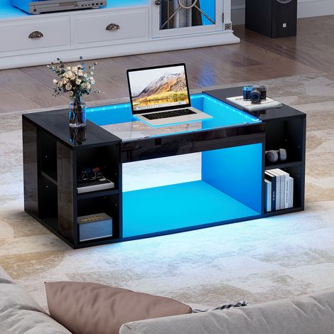 Moderner Couchtisch aus Glas, 100 x 50 x 40 cm, mit LED-Beleuchtung, Teetisch mit mehreren Ablagefächern, glänzend schwarz